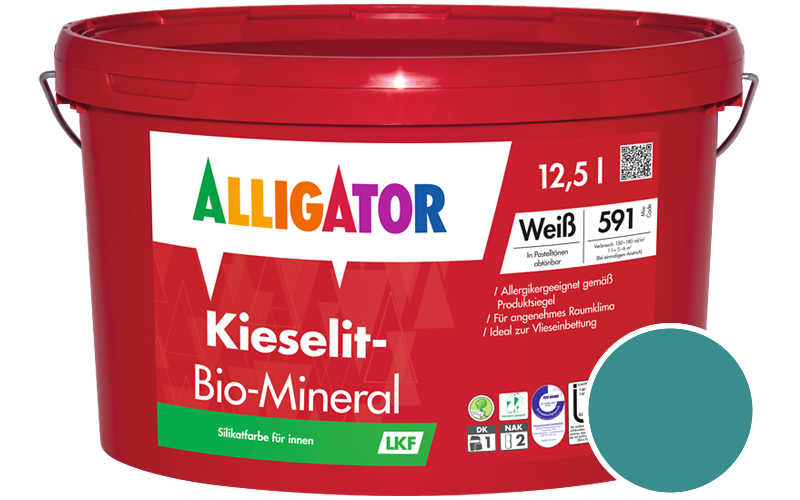 Alligator Kieselit-Bio-Mineral 12,5L Silikatfarbe / Getnt im Farbton RAL 5018 Tuerkisblau
