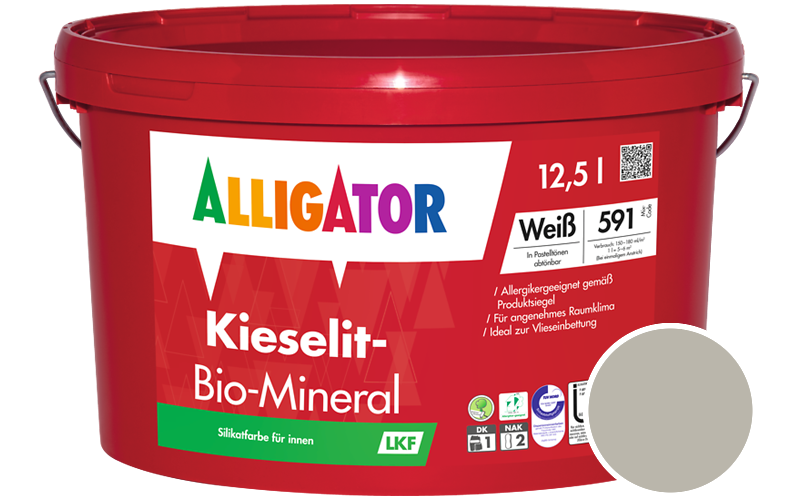Alligator Kieselit-Bio-Mineral 12,5L Silikatfarbe / Getönt im Farbton RAL 7044 Seidengrau