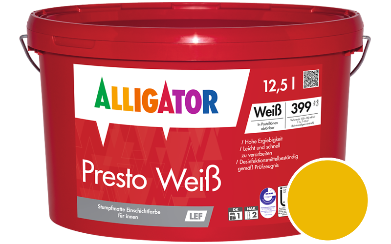 Alligator Presto Weiss 12,5L Innenfarbe / Getnt im Farbton RAL 1023 Verkehrsgelb