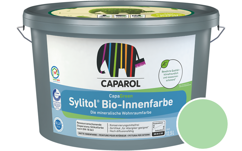 Caparol Sylitol Bio-Innenfarbe 7,5L Silikatfarbe / Getnt im Farbton Agave 105