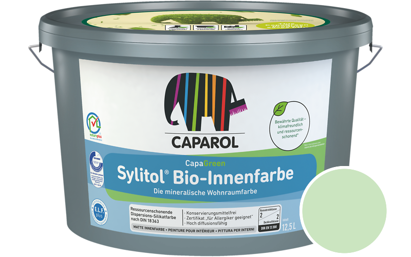 Caparol Sylitol Bio-Innenfarbe 2,5L Silikatfarbe / Getnt im Farbton Agave 110