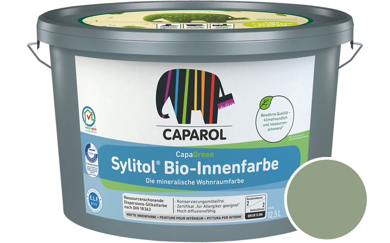 Caparol Sylitol Bio-Innenfarbe 12,5L Silikatfarbe / Getnt im Farbton Agave 65