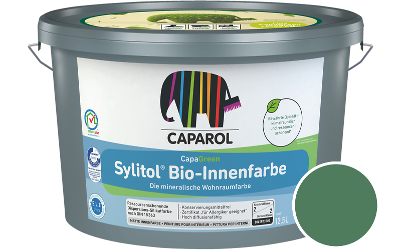 Caparol Sylitol Bio-Innenfarbe 5L Silikatfarbe / Getnt im Farbton Malachit 70