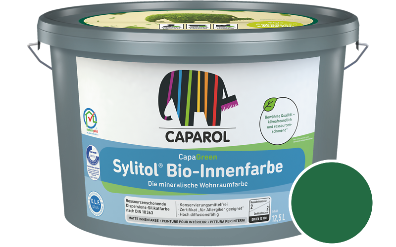 Caparol Sylitol Bio-Innenfarbe 2,5L Silikatfarbe / Getnt im Farbton Malachit 95
