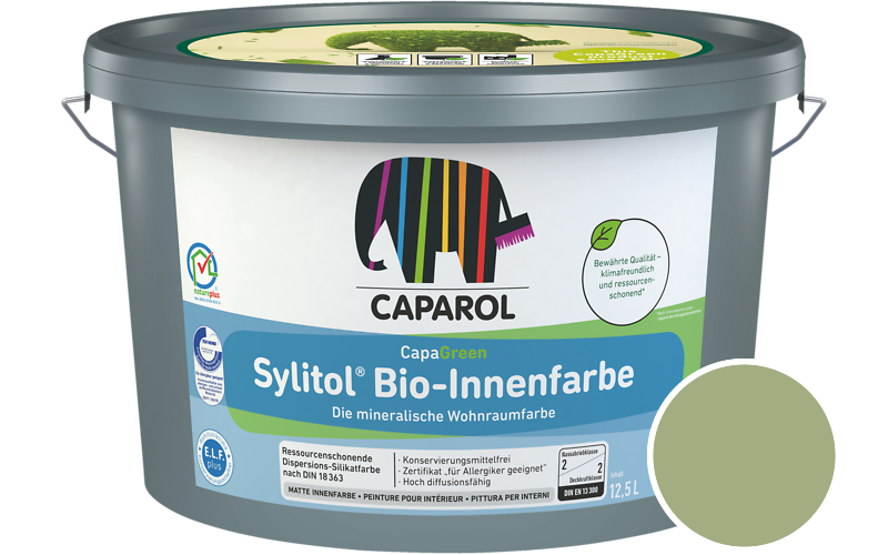 Caparol Sylitol Bio-Innenfarbe 12,5L Silikatfarbe / Getnt im Farbton Moos 105