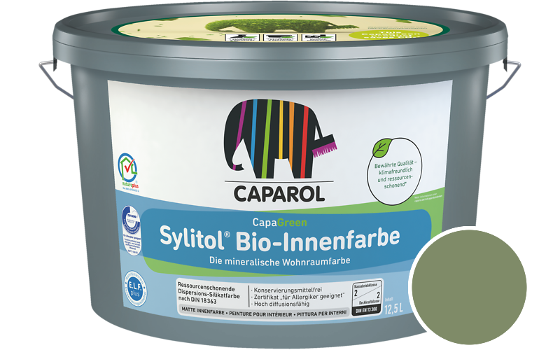 Caparol Sylitol Bio-Innenfarbe 7,5L Silikatfarbe / Getnt im Farbton Oase 105