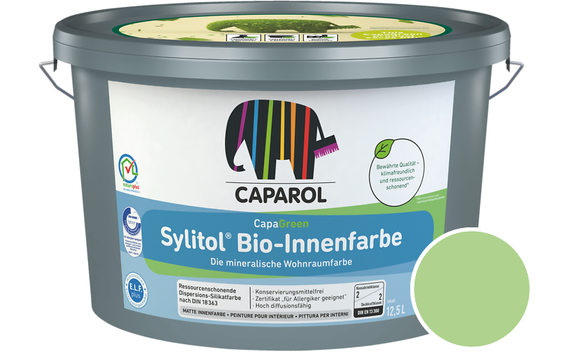 Caparol Sylitol Bio-Innenfarbe 7,5L Silikatfarbe / Getnt im Farbton Oase 150