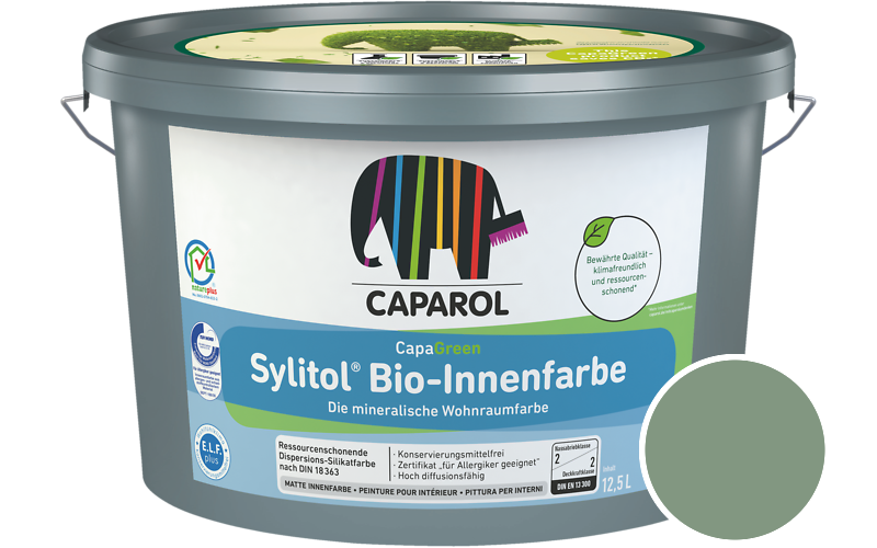 Caparol Sylitol Bio-Innenfarbe 7,5L Silikatfarbe / Getnt im Farbton Palm 25