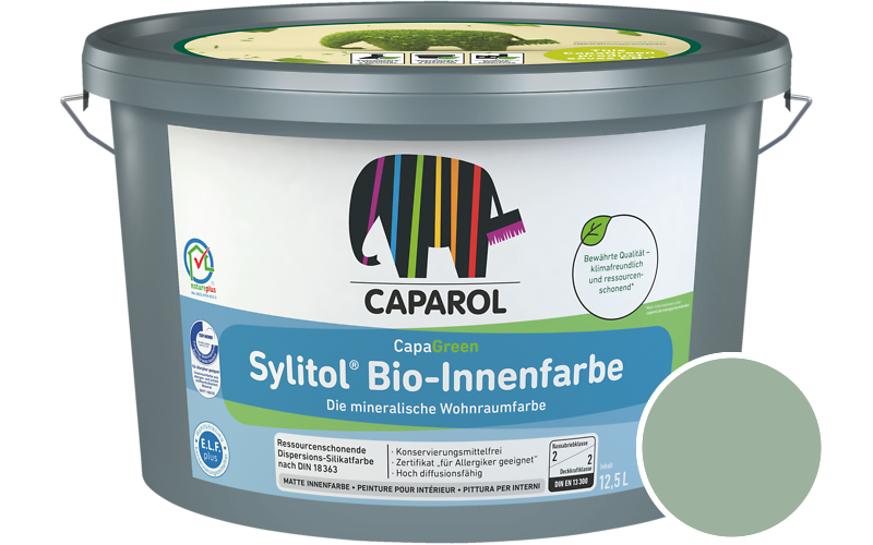 Caparol Sylitol Bio-Innenfarbe 2,5L Silikatfarbe / Getnt im Farbton Palm 30