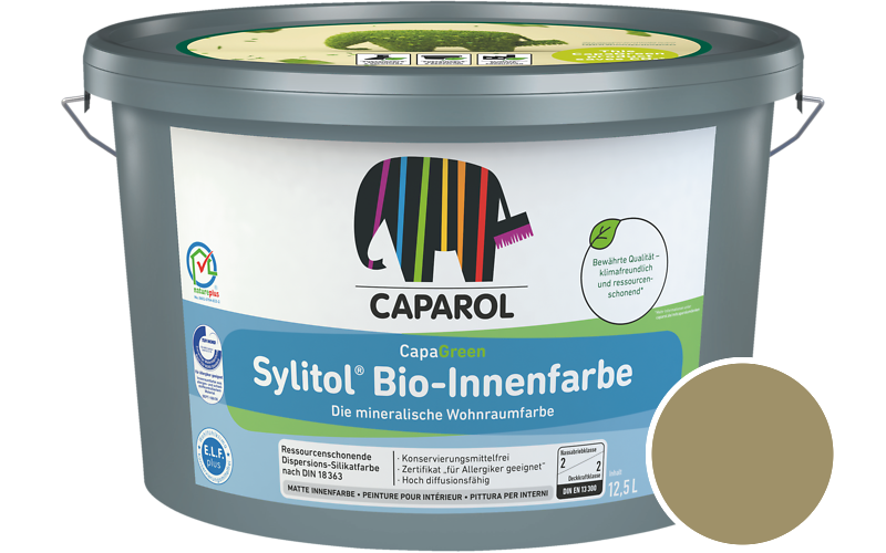 Caparol Sylitol Bio-Innenfarbe 7,5L Silikatfarbe / Getnt im Farbton RAL 1020 Olivgelb