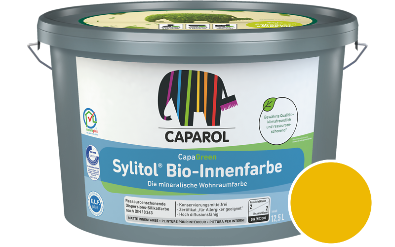 Caparol Sylitol Bio-Innenfarbe 2,5L Silikatfarbe / Getnt im Farbton RAL 1023 Verkehrsgelb