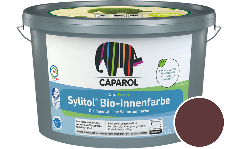 Caparol Sylitol Bio-Innenfarbe 2,5L Silikatfarbe / Getnt im Farbton RAL 3005 Weinrot