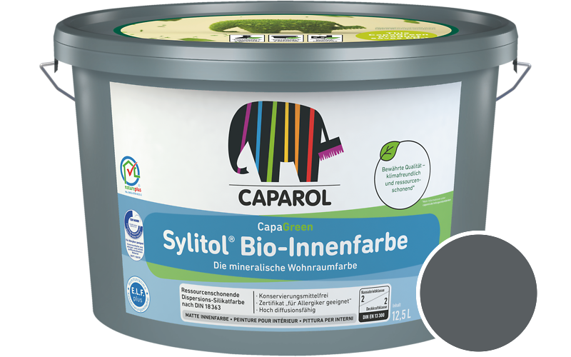 Caparol Sylitol Bio-Innenfarbe 2,5L Silikatfarbe / Getnt im Farbton RAL 7011 Eisengrau