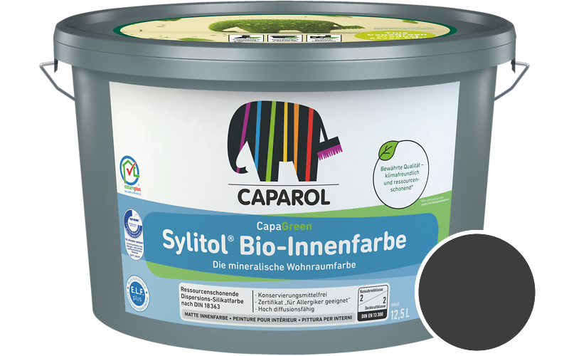 Caparol Sylitol Bio-Innenfarbe 2,5L Silikatfarbe / Getnt im Farbton RAL 9004 Signalschwarz